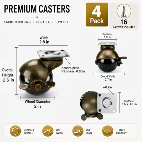Vintage 2 Inch Furniture Ball Caster Wheels Antiqued Brass Finish Set Of 4 Heavy Duty Locking Casters That Roll Easy On Kitchen Carts Dressers Coffee Tables And Dead Simple Diy Weekend Glow Ups Today, showcasing dimensions and features.
