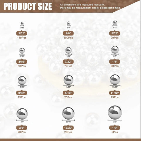 Product size chart for 630 Pcs Badass Stainless Steel Bearing Ball Assortment Kit Imperial 12 Sizes 304 Precision steel balls.