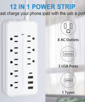 12 in 1 power strip with 8 AC outlets, 3 USB A ports, 1 USB C, perfect for home office dorm setups.