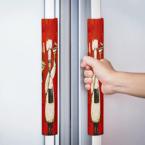 Hand gripping a washable polyester linen refrigerator handle cover, part of a set of 2 for scratch protection.