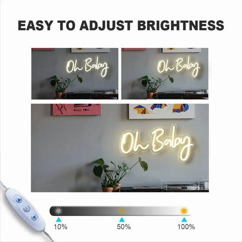 Oh Baby Neon Sign For Baby Shower And Photo Backdrop, LED light with adjustable brightness settings and remote control.