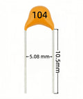 500 Piece Ceramic Capacitor Assortment Kit With 10 Values 0.1 uF To 10 uF Multilayer Monolithic Parts showing a 104 ceramic capacitor, 5.08 mm wide.