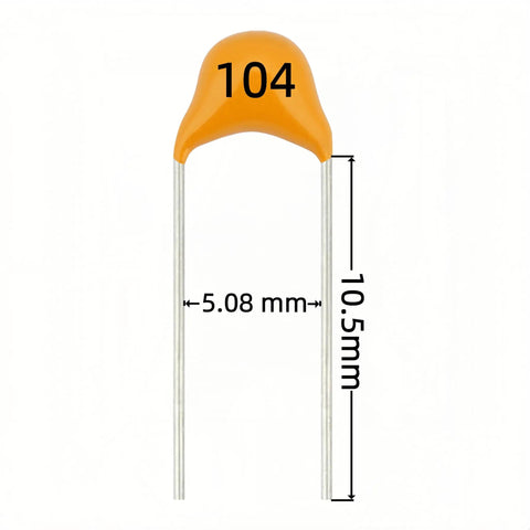 500 Piece Ceramic Capacitor Assortment Kit With 10 Values 0.1 uF To 10 uF Multilayer Monolithic Parts showing a 104 ceramic capacitor, 5.08 mm wide.