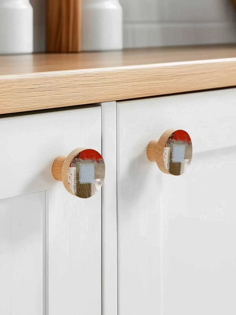 Sweet Abstract Art Solid Beech Wood Cabinet Knobs Featuring 1.6 Inch Round Profile And Rustic Red Brown Finish Arrives As A Pair on white drawers.