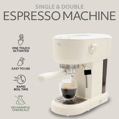 Next Level Eco Series Espresso Machine With Built In Tamper And Silky Milk Frother 15 Bar Coffee Maker With Hot Water Dispenser 40 Oz Tank For Sick Lattes And Cappuccinos In Cream White, single and double espresso machine with glass cup.