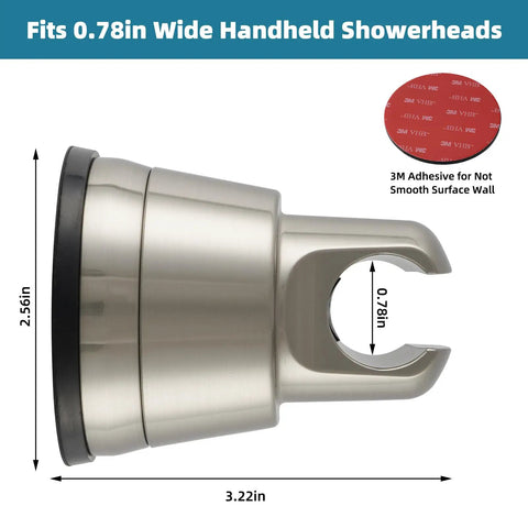 Brushed nickel vacuum suction shower head holder with adjustable height and no drill install, dimensions shown