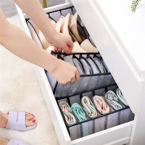 Slick Nylon Mesh Drawer Divider Set For Bras Socks And Lingerie Dresser Sorting Bins in use with organized socks and lingerie.