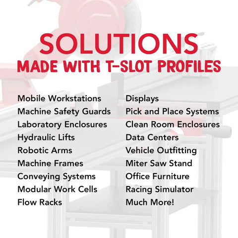 Solutions made with T Slot Aluminum Extrusion Bar including mobile workstations and displays.