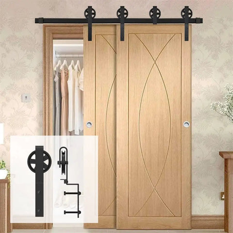 Heavy Duty Sliding Barn Door Hardware With Big Rollers And Sturdy Bent Track Hanger System For Double Doors No Sweat DIY Setup Slick Glide Finish Matte Black 9 Foot Rail with wood doors