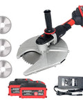 Tough Cordless Power Rig That Slays Through Steel Bars And Piping Without Breaking A Sweat Includes Auxiliary Handle for cutting and grinding, with blades and battery.