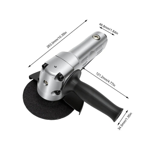 Pneumatic Angle Grinder With 5 Inch Wheel And 11000 RPM Heavy Duty Cutting Polishing And Grinding For Auto Mechanics And Garage Work ergonomic design with measuring dimensions.