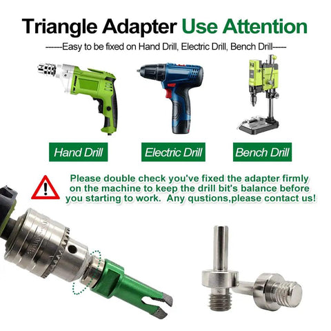 Triangle adapter for Pro Grade Diamond Core Drill Bits Set installation instructions with hand, electric, and bench drill options.
