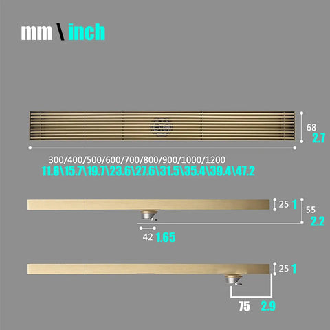 Rectangular Shower Drain with Hair Strainer and Stainless Steel Grate for Bathroom Floor featuring linear design and precise measurements.