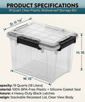 Hella Sturdy 19 Quart Stackable Storage Bin With Airtight Gasket Seal And Clear Body, 15 x 11 7/8 x 10 5/8 inch, waterproof plastic design.