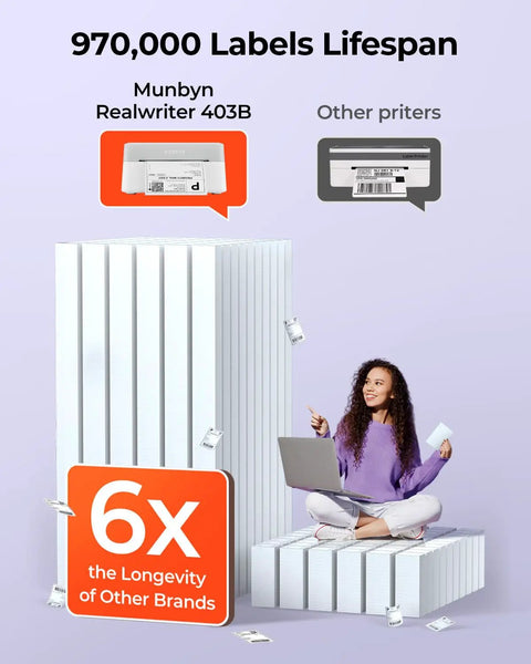 Woman with laptop sitting on stacks of labels demonstrates the Munbyn Realwriter 403B printer's 6x longevity over others.