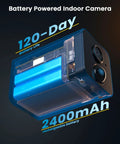 Battery powered wireless indoor camera, focus on 120-day battery life, showcasing the internal 2400mAh rechargeable battery.