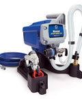 Zero Sweat Heavy Duty Airless Paint Sprayer With Adjustable Pressure Control Spray Unthinned Stains in blue with hose and nozzle.