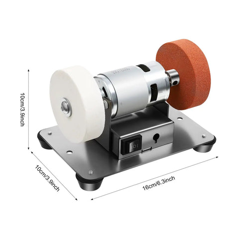 Heavy Duty Mini Bench Grinder And Benchtop Sander Built Like A Tank With 96W Copper Motor spinning at 6000 rpms on a compact base.