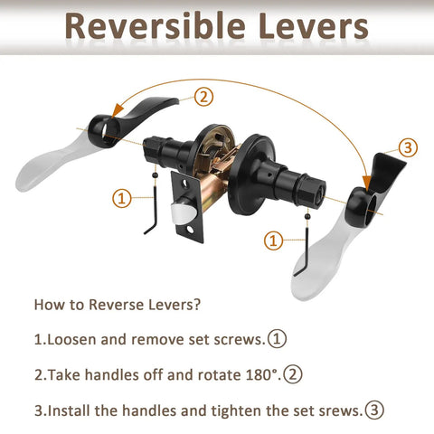 Diagram showing installation steps for 10 Pack Privacy Door Levers With Locking Black Handles For Bathroom And Bedroom Keyless Interior Hardware Reversible Wave Design.