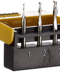 Solid Tungsten Milling Cutters Set With Double Flute Bits 1 32nd 5 64th 7 64th Inch on yellow and black holder