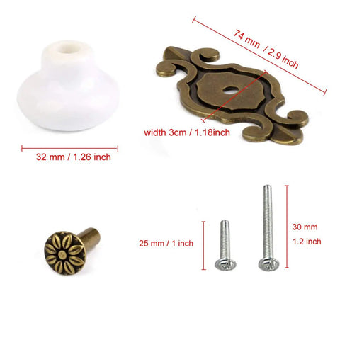 Top Shelf Vintage Ceramic Cabinet Knobs And Dresser Pulls Featuring Heavy Duty Zinc Alloy Backplates Breezy Hardware Swap For Kitchen Cupboards And Vanity Refresh 10 Pack components with brass backplates and ceramic knobs.