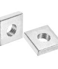 One Hundred M6 Square Nuts Built Tough From Quality Carbon Steel With Zinc Plating For Zero Hassle Fixes And Rock Solid Mounts, showing two M6 zinc plated square nuts.