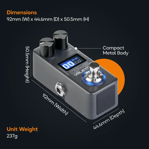 Gig Ready Ultra Lightweight Compact Multi Effects Pedal with dimensions and compact metal body visible