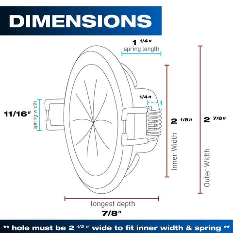 Speedy’Z Spring-Lock Cable Pass Port, 2-inch, illustrated dimension diagram showing outer/inner width and spring.