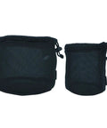 Two black nylon mesh camping gear storage bags for pots and tableware, drawstring organizer sack for outdoor cooking.