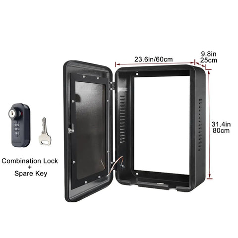Badass Cold-Rolled Steel EV Charger Enclosure Wall Mount Box with combination lock and spare key shown open for installation.