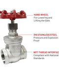 Image of Two Pack Workhorse Heavy Duty Gate Valve One And A Half Inch NPT Stainless Steel Female To Female Thread Rotary Sluice Valve, highlighting the red hand wheel, 316 stainless steel pressure body, and NPT thread interface.