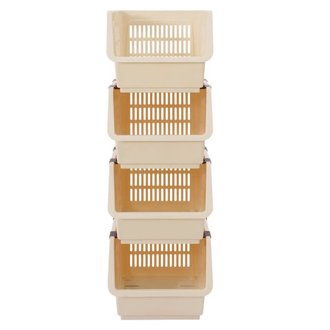 4 Pack Stacking Storage Baskets Featuring Open Front Design Effortless Grab and Go Beige Home Organization Essentials No Cap Your Pantry Will Thank You For This Clean Sweep Setup 11X13.8X8.7, stacked bins with open front.