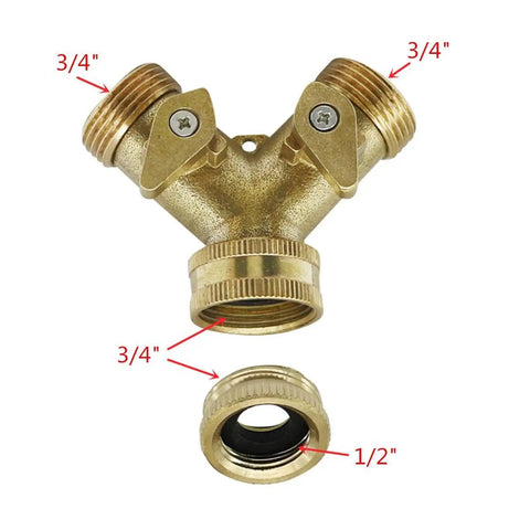 Premium Heavy Duty Brass Y Ball Valve Splitter Adapter 1/2 Female To 3/4 Male Thread Connector for faucet and garden use.