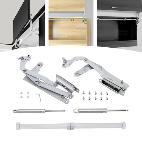 Bad Boy Pneumatic Hinge With Soft Close And Parallel Movement, Adjustable Lift Stay For Kitchen Cabinets with components and screws.