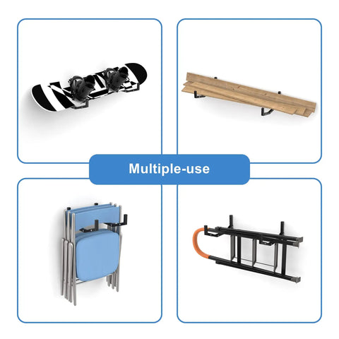 Slick Wall Mount Kayak Rack And Universal Garage Storage Hooks For Quick Gear Stash Out in use with various sports gear mounted.