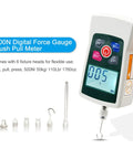 Rock Solid Digital Force Gauge With Dead On Accuracy, 500N Push Pull Meter and test for tension and compression, showing LCD display and probe heads.