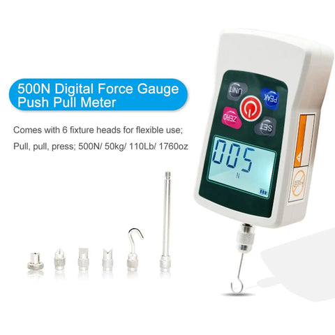 Rock Solid Digital Force Gauge With Dead On Accuracy, 500N Push Pull Meter and test for tension and compression, showing LCD display and probe heads.