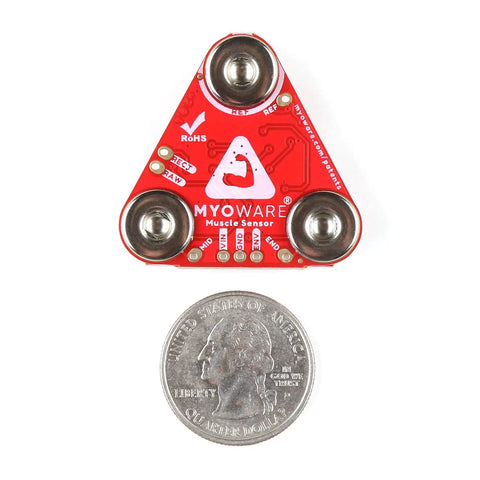 Straight Up Badass Muscle Sensor Module Featuring High Performance Emg Technology With Keyed Snap Plugs For Seamless Arduino Integrations And Totally Dope Biomechanics Prototypes on red circuit board, quarter for size reference.