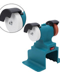 Cordless Mini Bench Grinder Featuring Two 4000Mah Cells 200 Watt Power 7000 RPM Speed 70mm Grinding Wheel portable angle polisher close-up.