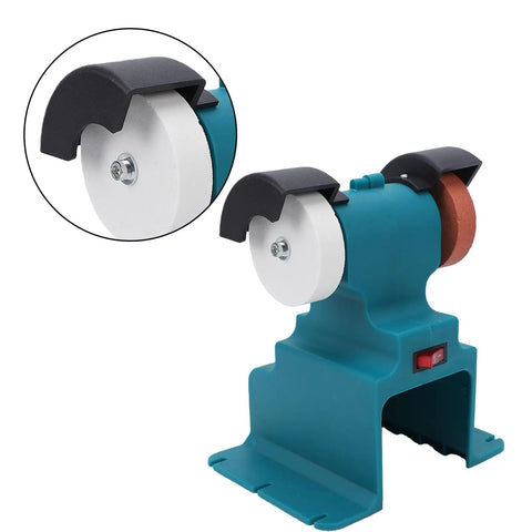 Tough Guy Mini Bench Grinder 200 Watt High Speed 7000 RPM with white and brown grinding wheels on a sturdy base.