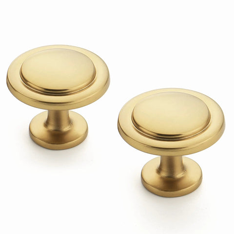 Slick Brushed Brass Solid Kitchen Cabinet Pulls And Round Drawer Knobs 15 Pack Heavy Duty Gold Hardware Quick Install Top Shelf Quality Upgrades That Bring Slick Modern Vibes To Every Home Space, close-up view of two round drawer knobs.