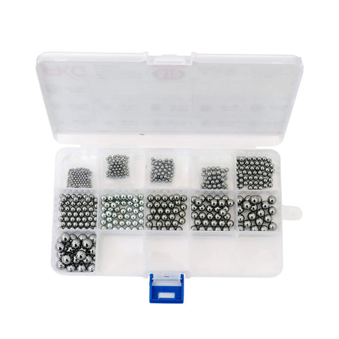 Assorted Chrome Steel Bearing Balls Set With Smooth Rolling Action For Grease Monkey Repairs And Precision Hobby Builds In A Rock Solid 510 Piece Kit Ready To Roll in storage box.