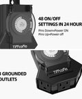 Super Reliable Plug In Outdoor Timer With 24 Hour Mechanical Control Heavy Duty Build Featuring Three Grounded Outlets showing timer settings and outlets.