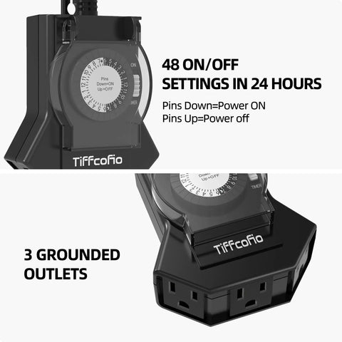 Super Reliable Plug In Outdoor Timer With 24 Hour Mechanical Control Heavy Duty Build Featuring Three Grounded Outlets showing timer settings and outlets.