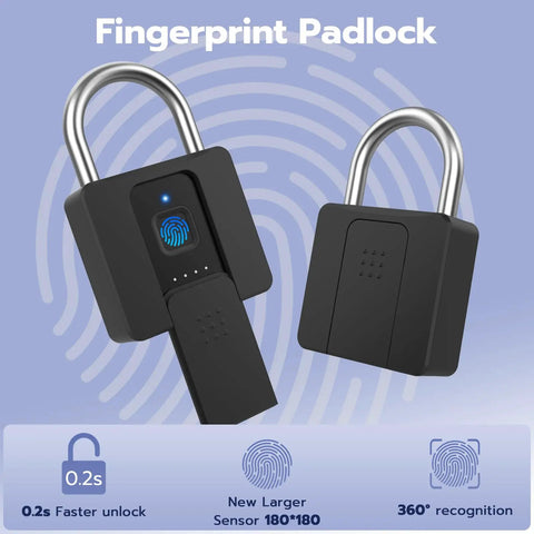 Smart Fingerprint Padlock With Waterproof Design, Key Backup, and Mobile App Control, showcasing fingerprint recognition sensor.