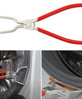 Kick Ass Washing Machine Spring Removal Tool For Inner And Outer Basin Expansion Replacement Part Compatible With LG And Samsung Appliances Rock Solid All Steel Galvanized Body Built In Spring Fixes Rusted Jams Replaces TJTSE1 1268535 AH3569695 with red handle being used on washing machine.