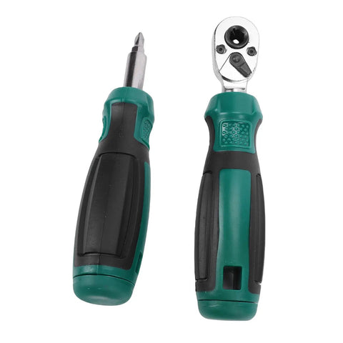 Knockout Metric Ratchet Wrench Set Featuring 10 Sockets Spanning 4 To 13 Millimeters showing driver bit and ratcheting handle.