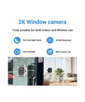 Hella Crisp 2K Cube Security Camera With Window Lens And Dual Band WiFi Live View AI Human Detection Full Color Night Vision Two Way Chat Built In Siren And 24 7 Loop Recording For Total Home Safe Vibes mounted on a glass window.