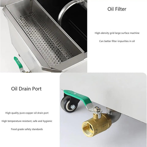 Oil filter and drain port of Commercial Mobile Deep Fryer Oil Filter Cart With Rolling Wheels, Heavy Duty Cooking Oil Separator.