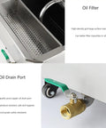 Oil filter and drain port of Commercial Kitchen Oil Filtration Machine with 60L Large Capacity Tank And 360 Degree Wheels Restaurant Cooking Fryer Filter Cart For Busy Kitchens.